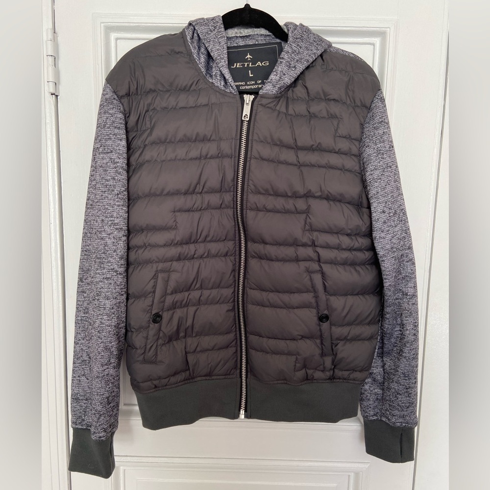 Jetlag Down Puffer Gray Knit Sweater Cozy Warm Zip Up Jacket Hooded Pullover